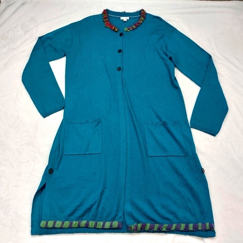 J. JILL WOMEN'S TEAL POLY WOOL BLEND 3 BUTTON DUSTER CARDIGAN SIZE MEDIUM TALL